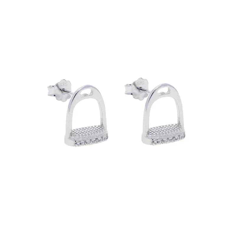 100% 925 Sterling Silver Pave Bling 5A CZ Horseshoe Stirrup Stud Earring Equestrian Horse Lover Jewelry gold