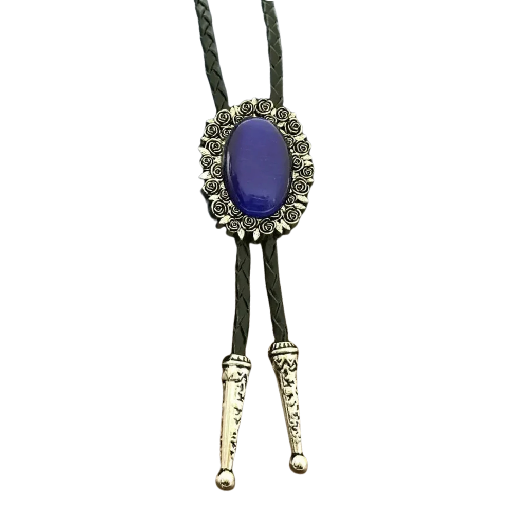 Bolo tie i äkta läder med vintageblomma och steninfattning