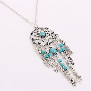 2016 New Bohemia Style Retro Tassel Feathers Turquesa Pendant Necklace 78cm Dream catcher Sweater Necklaces For Women Girl