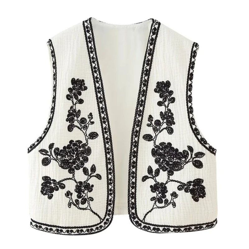 Broderad Dam Väst med Blommönster Svartvit Vintage Crop