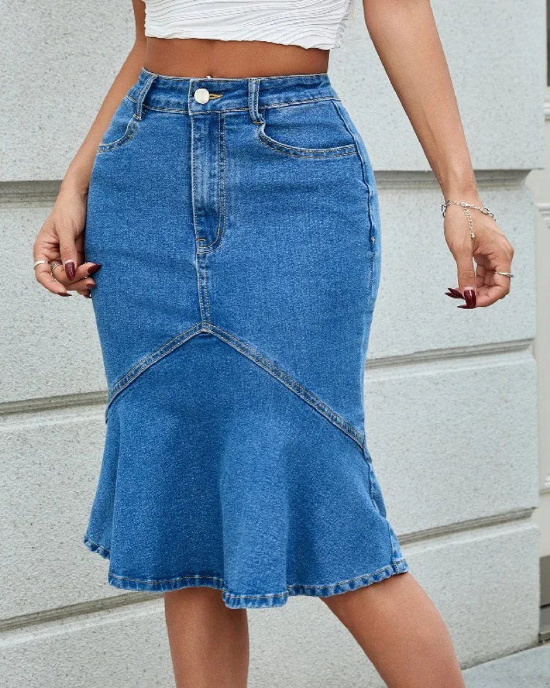 Midi jeanskjol med volang