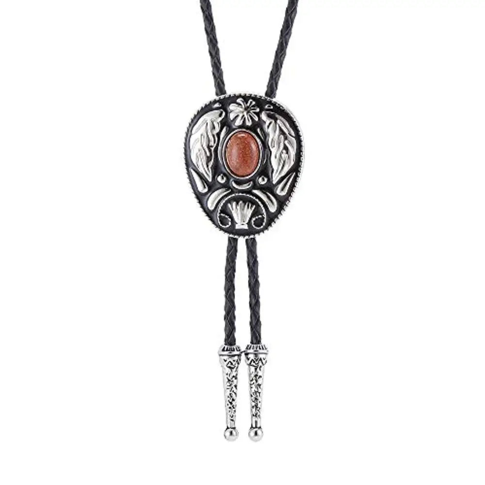 Bolo tie med dekorativ sten och lövmönstrad i vintage-stil