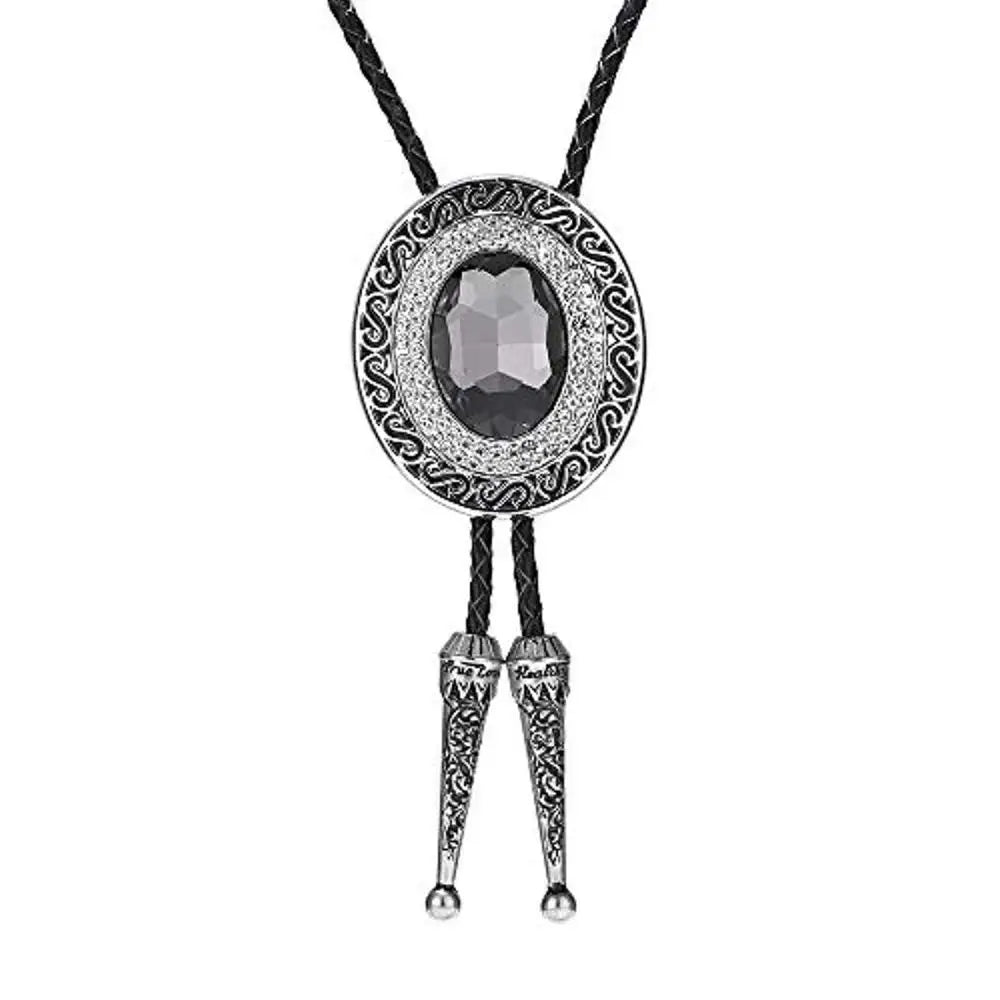 Bolo tie rund med blå rhinestone och flätad läderrem