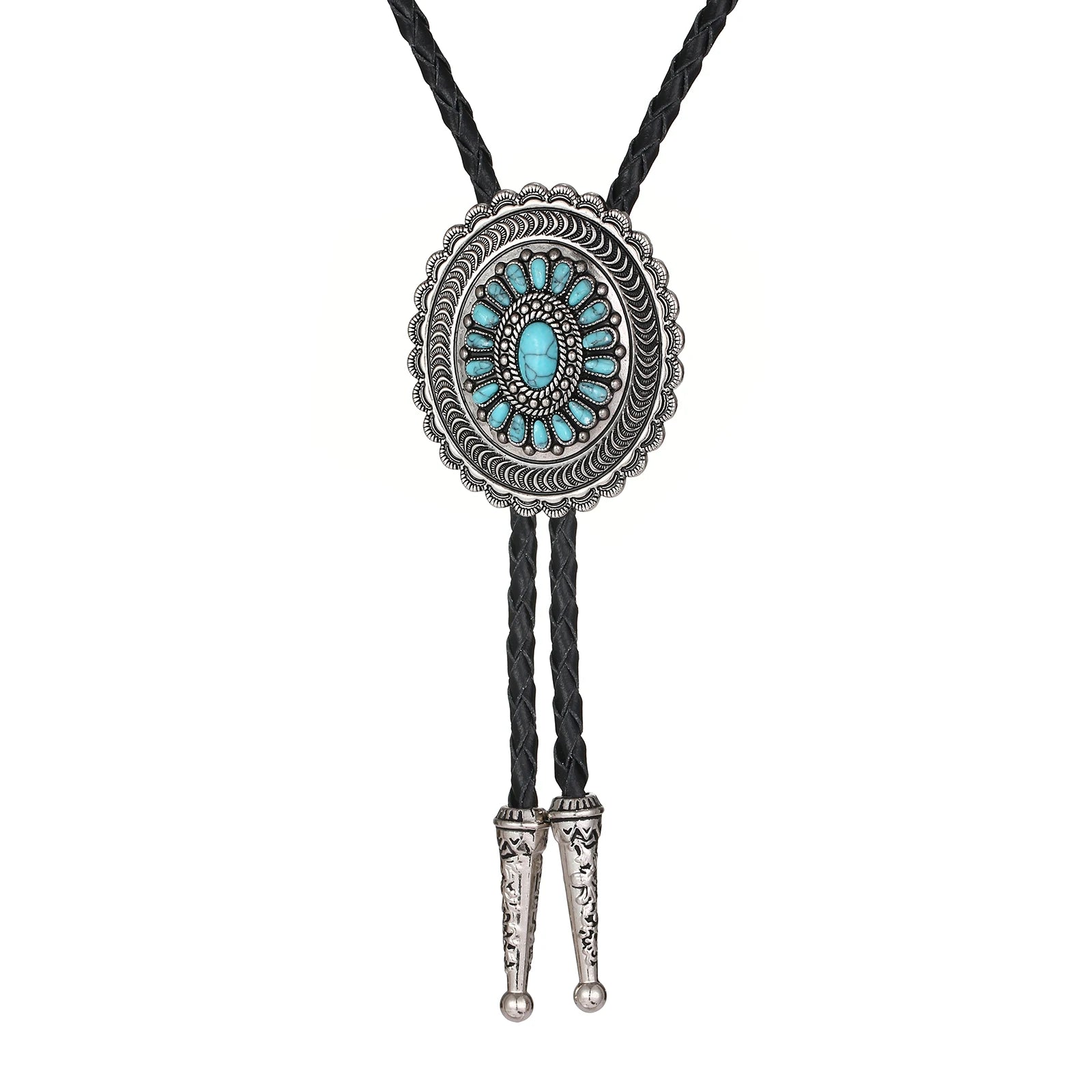 Bolo tie i solrosformad metallram och turkos sten