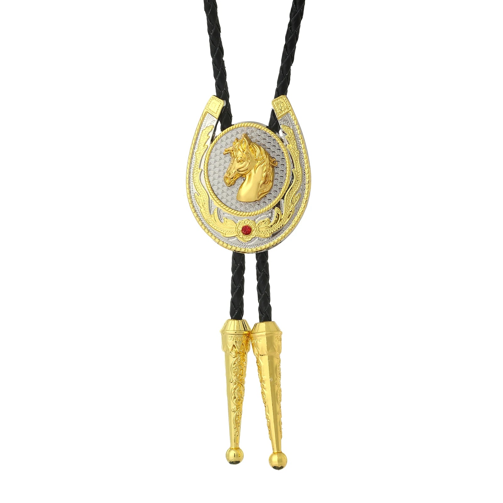 Bolo tie med hästhuvud och hästsko i guld