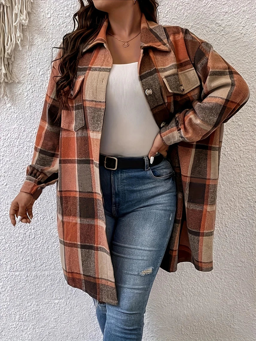 Plus size rutig skjortjacka dam