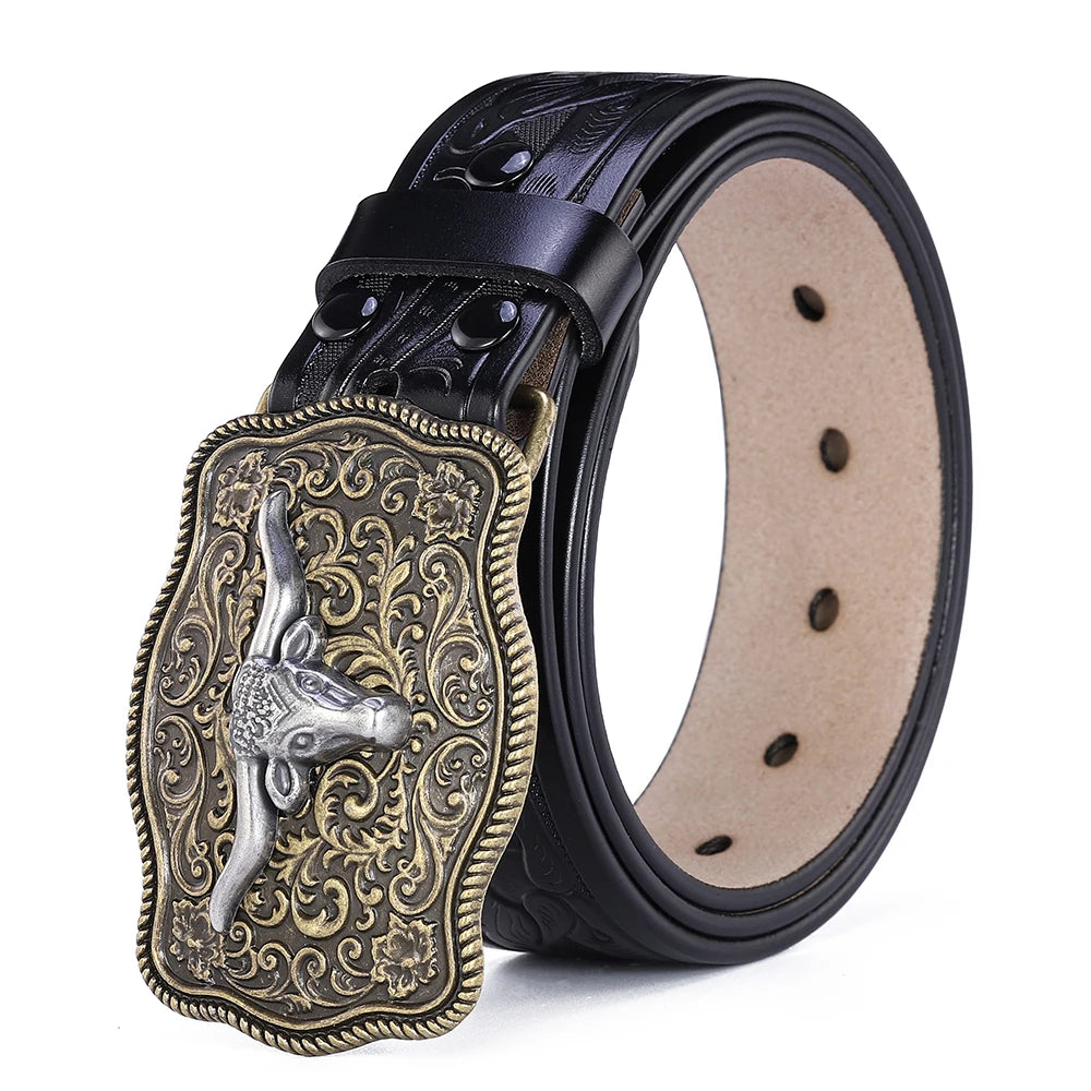 Westernbälte i Äkta Läder med Präglat Motiv och Stora Buckles