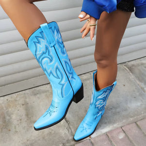 Cowgirl Boots med Broderad Westernstil och Spetsig Tå