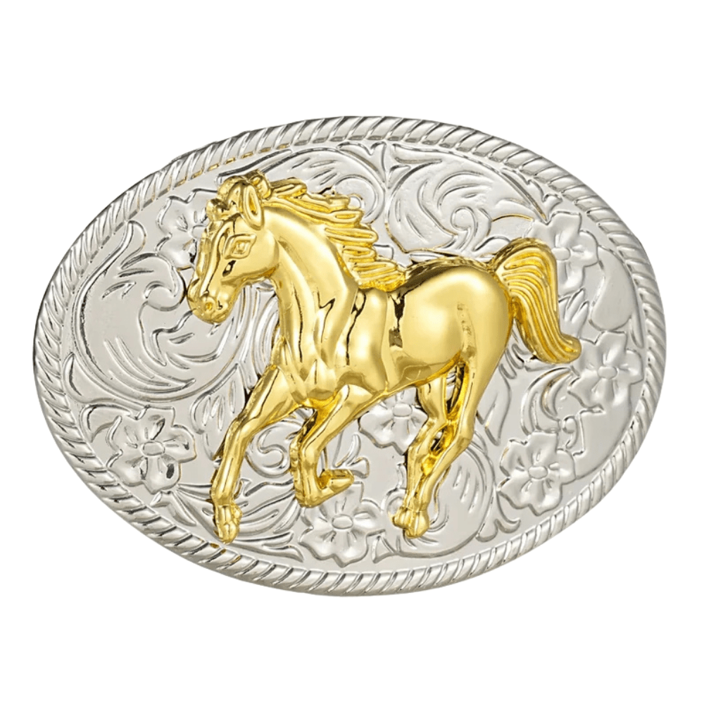 Bältespänne med häst i guld på graverad bakgrund