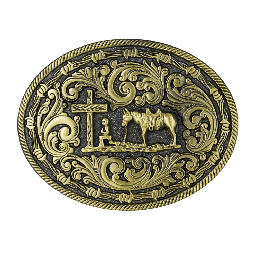 Bältespänne med ranchmotiv och häst i relief