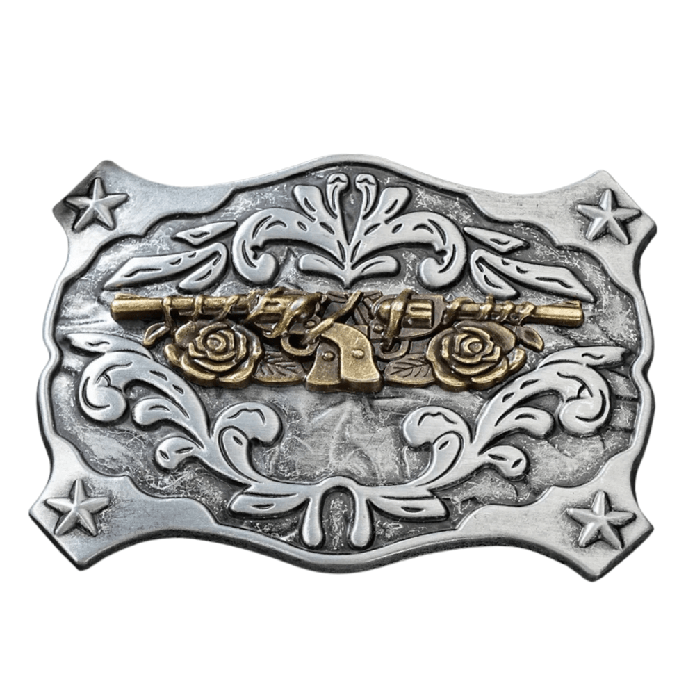 Bältespänne med revolvrar och rosdekor i västernstil