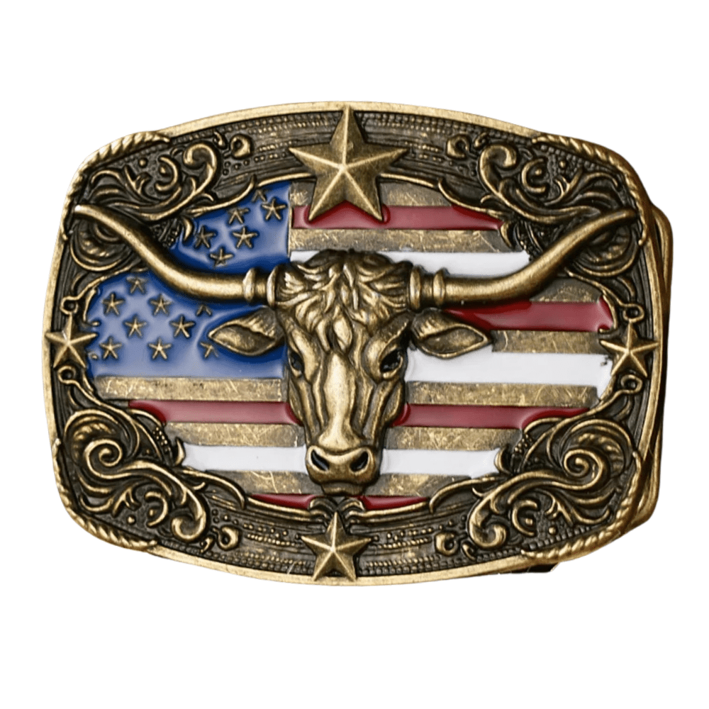 Bältespänne med tjurhuvud och USA-flagga i westernstil