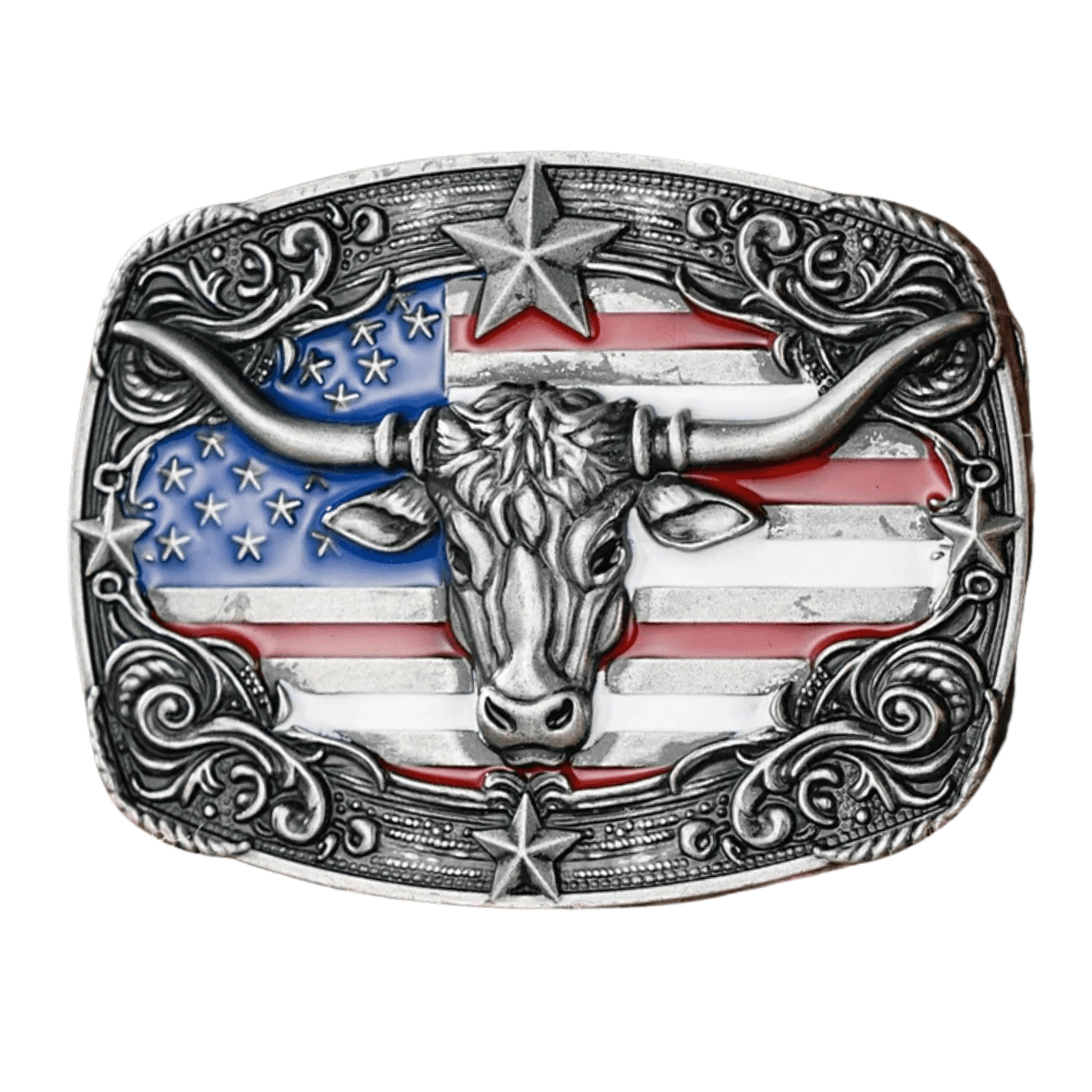 Bältespänne med tjurhuvud och USA-flagga i westernstil
