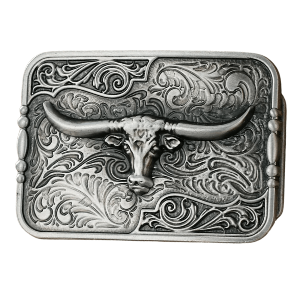 Bältespänne med västernmotiv i graverad ram