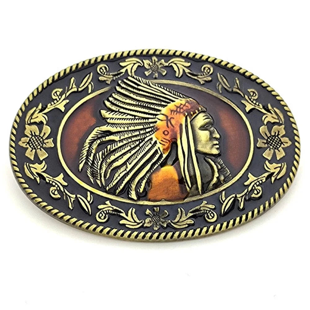 Bältespänne ovalt indianhövding fjädrar western
