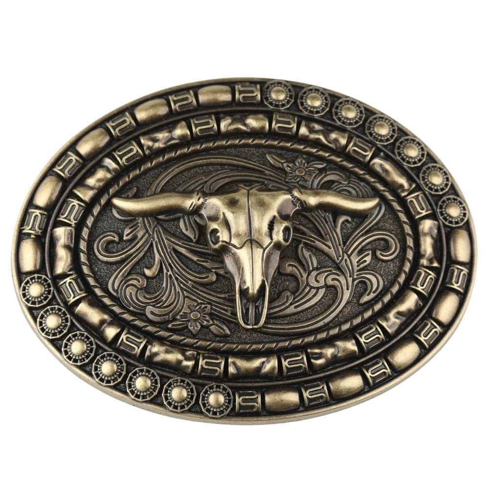 Bältespänne ovalt tjurhuvud mönster brons western