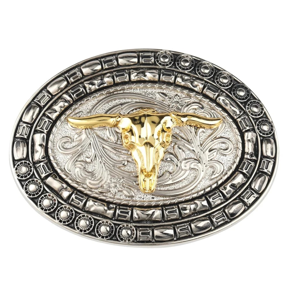 Bältespänne ovalt tjurhuvud mönster brons western