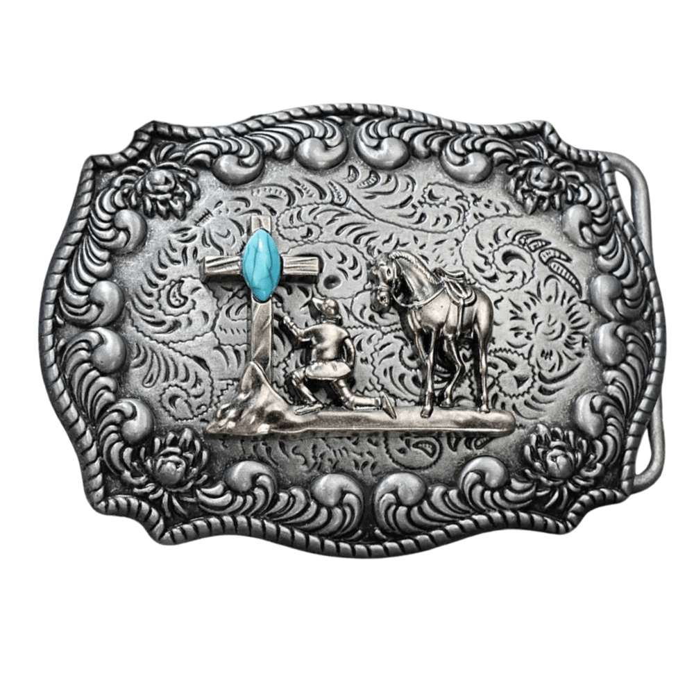 Bältespänne silverfärgat med turkos sten och westernmotiv