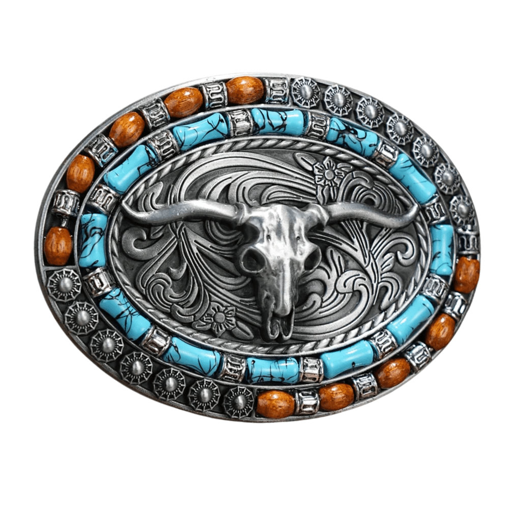 Bältespänne tjurskalle med turkos och orange kant