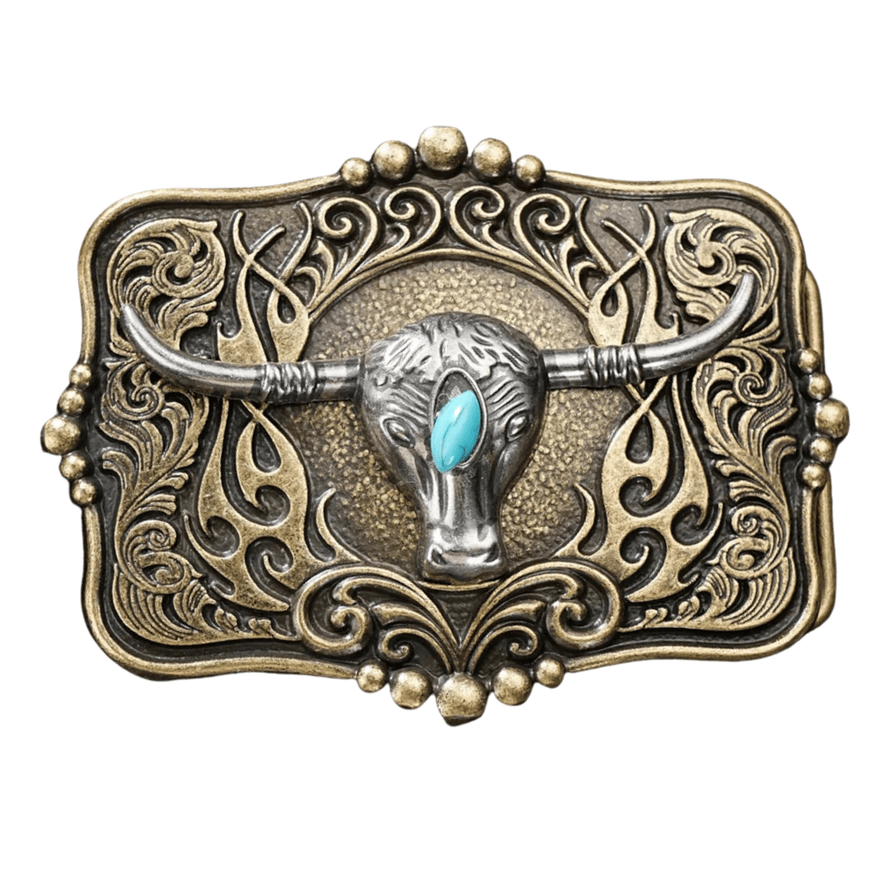 Bältespänne western med turkos sten och motiv i relief