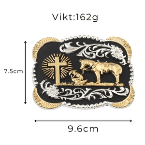 Bältesspänne western stil med häst kors och skalle i guld och silver