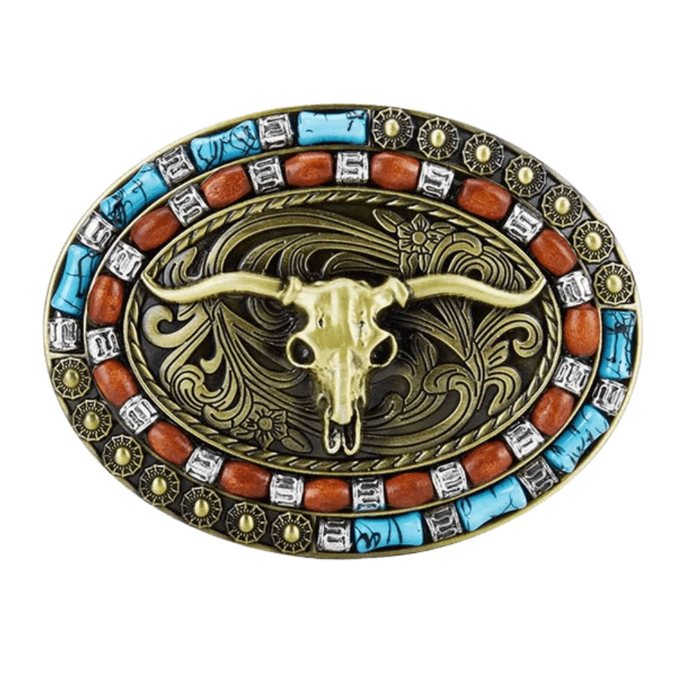 Bältesspänne western stil med tjurhuvud och färgade stenar
