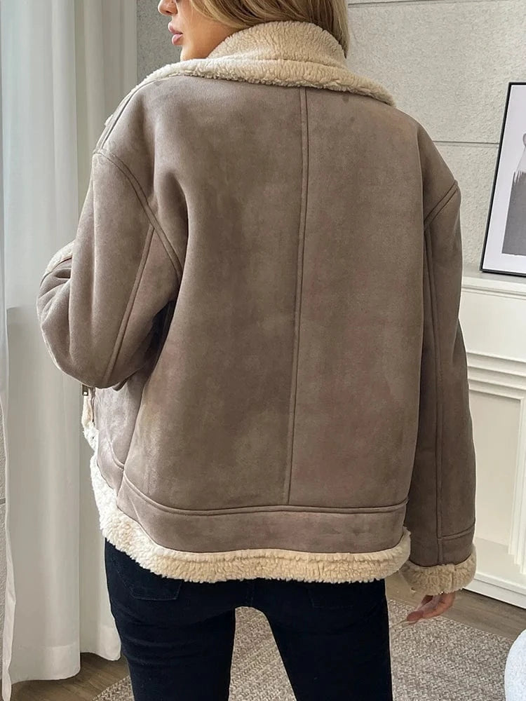 Beige shearling jacka dam med fuskpäls