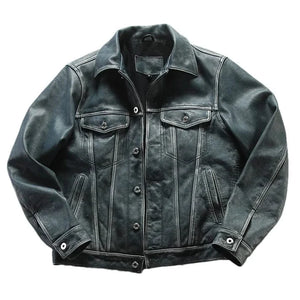 Blå läder trucker jacka herr