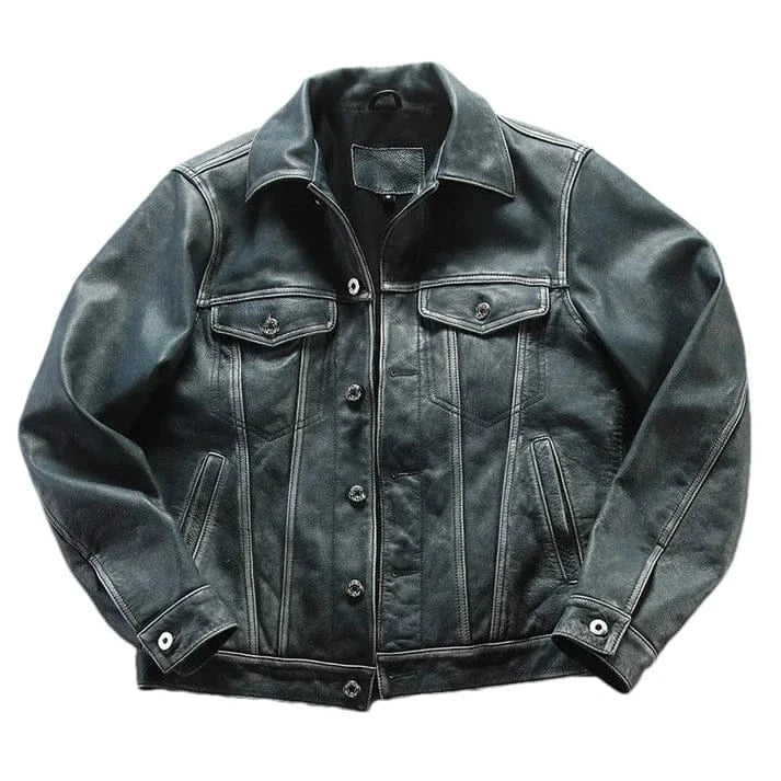 Blå läder trucker jacka herr