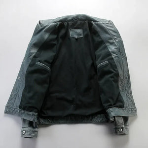 Blå läder trucker jacka herr