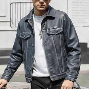 Blå läder trucker jacka herr