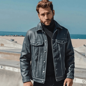 Blå läder trucker jacka herr