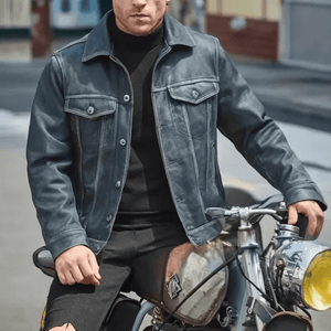 Blå läder trucker jacka herr