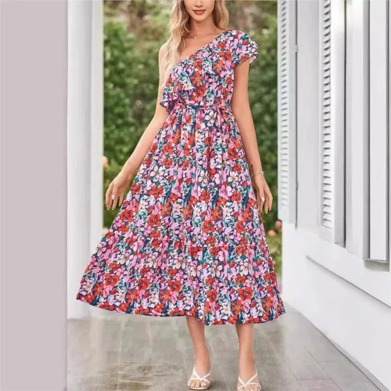 Blommig one shoulder-klänning
