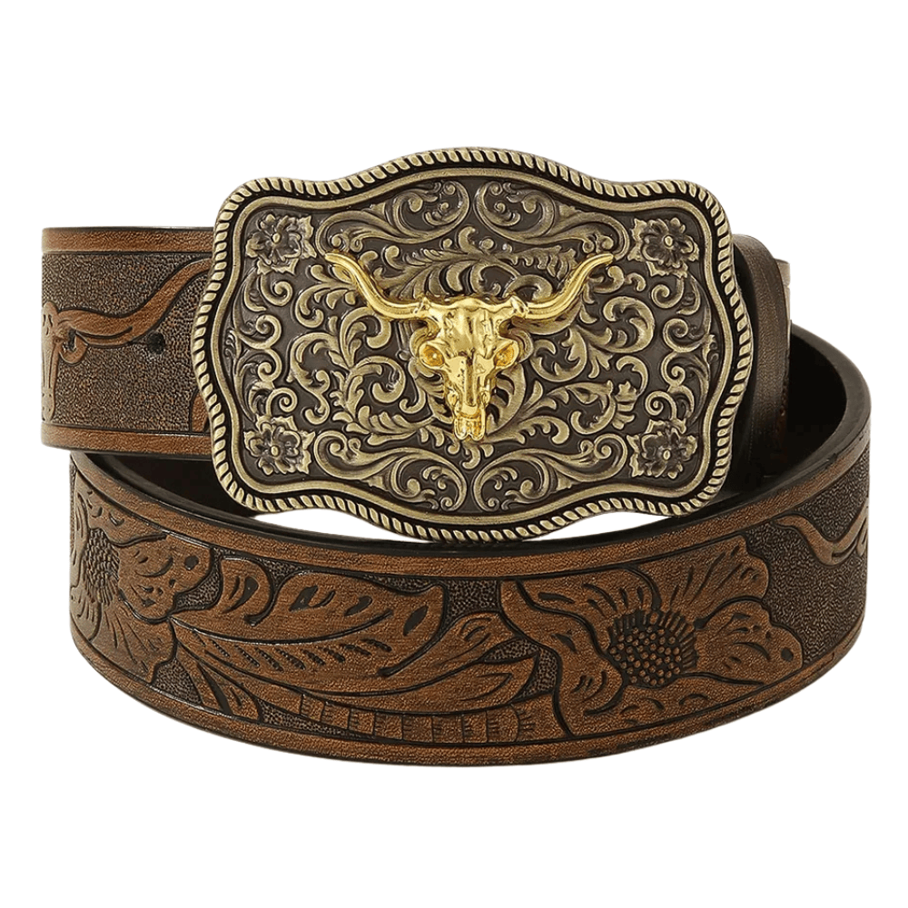 Blommönstrat westernbälte tjurhuvudspänne Brun / 95cm