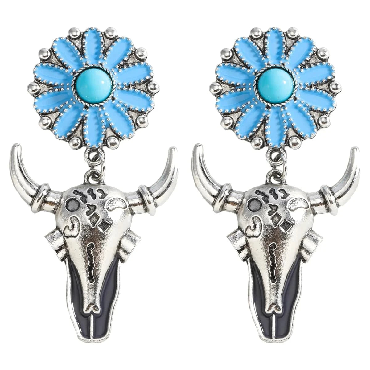 Bohemiska statement-örhängen med tjurhuvud och turkos blomma