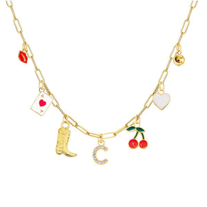 Boho Red Lips Cherry Heart Letter Charm Necklace Gold Plated Boots Crystal Initials Necklaces Cowgirl Beach Jewelry C