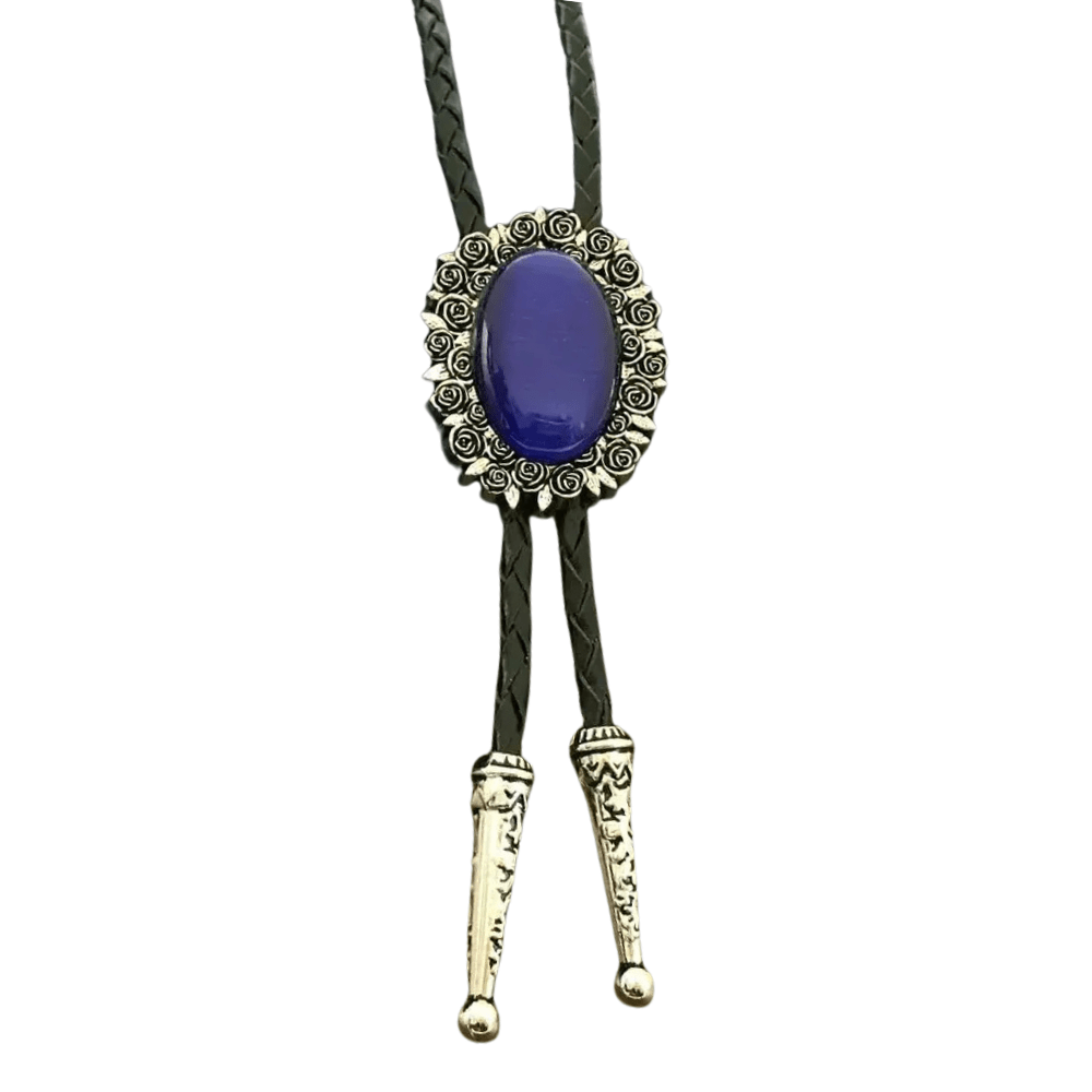 Bolo tie i äkta läder med vintageblomma och steninfattning