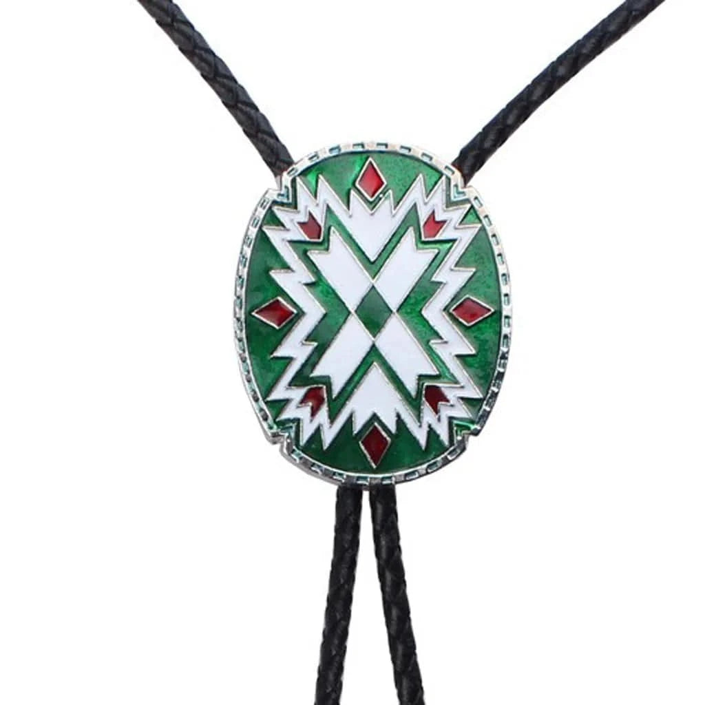 Bolo tie i justerbart läder med färgstarkt totemmönster Grön vit