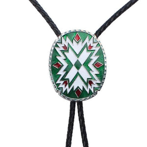 Bolo tie i justerbart läder med färgstarkt totemmönster Grön vit