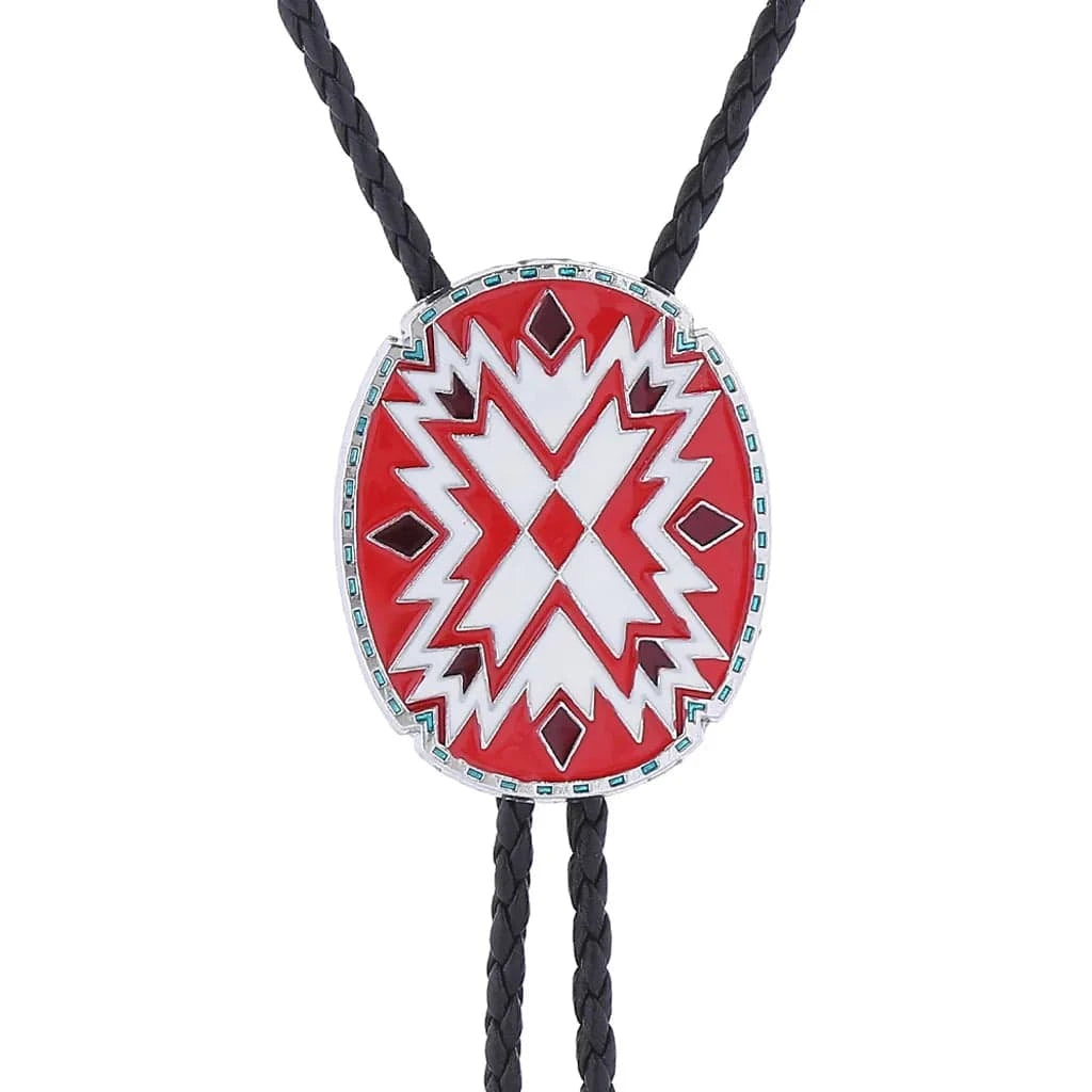 Bolo tie i justerbart läder med färgstarkt totemmönster Röd vit