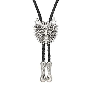 Bolo tie i läder med drakhuvud i metall Silver
