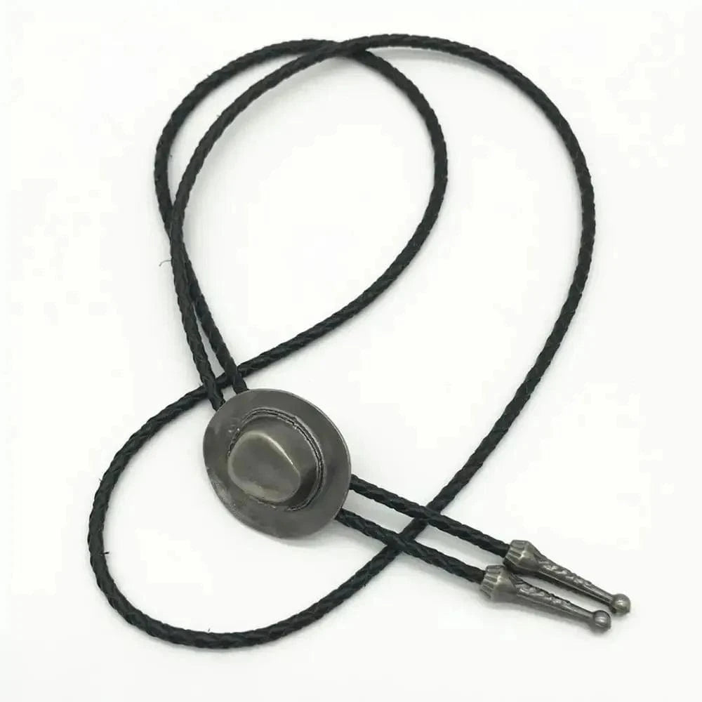 Bolo tie i läder med hattformad medaljong Silver