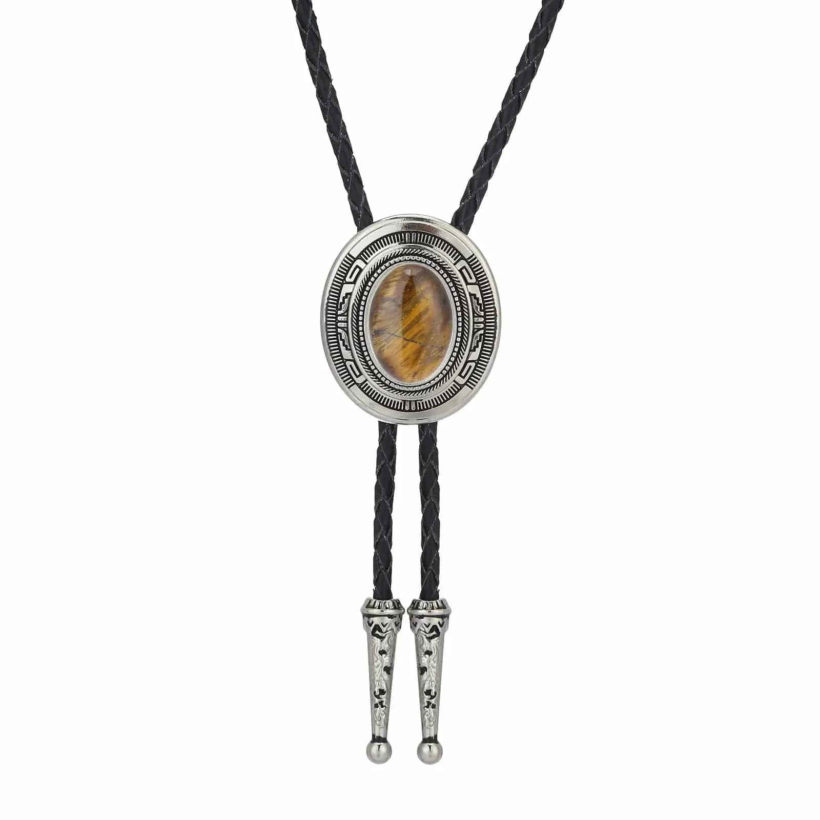 Bolo tie i läder med metallhänge och färgad sten