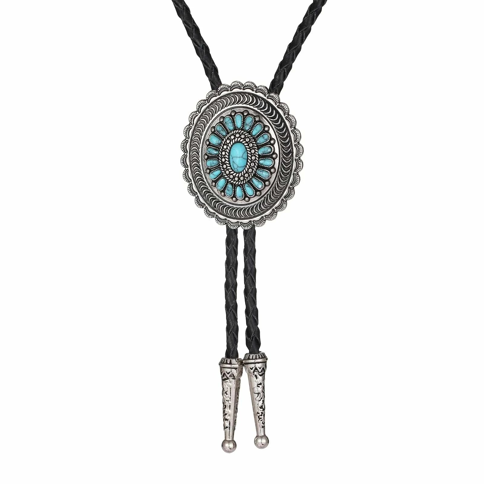 Bolo tie i solrosformad metallram och turkos sten