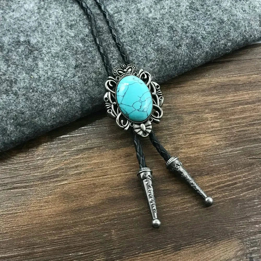 Bolo tie med blå turkossten och antiksilverram Turkosblå