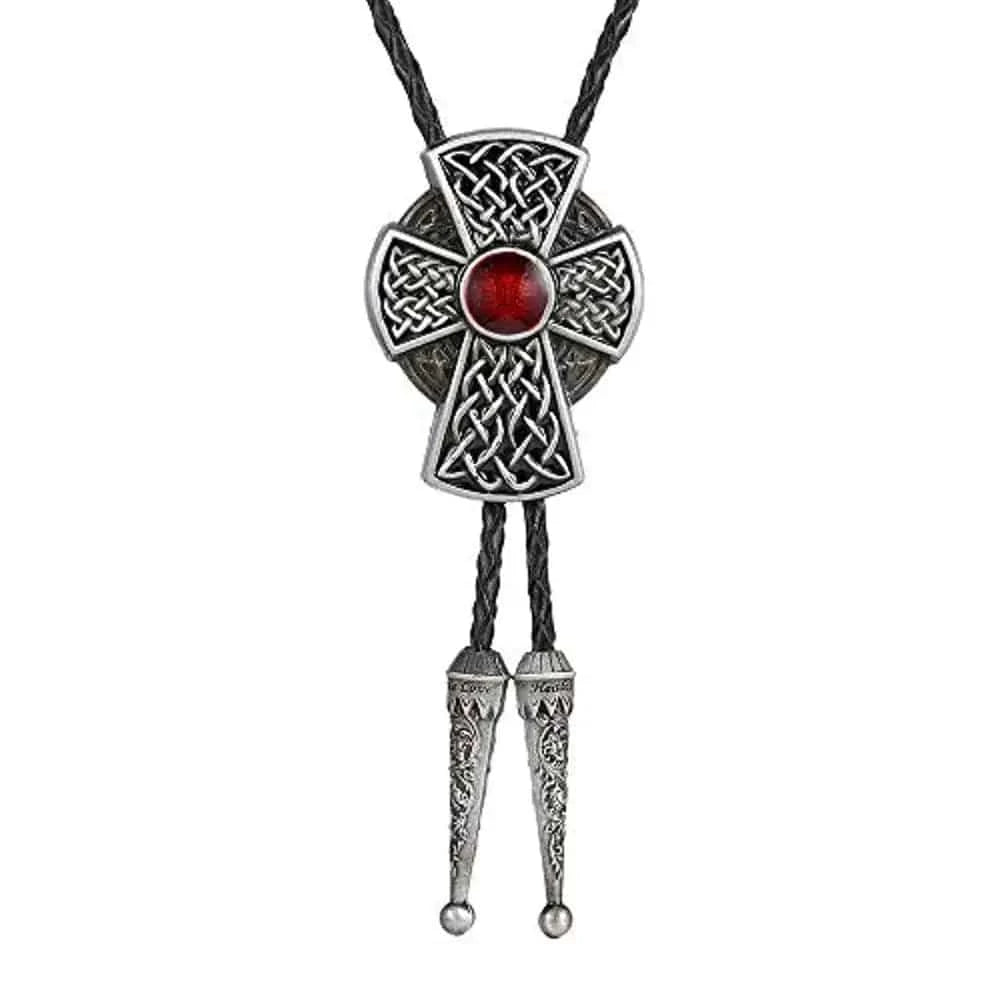 Bolo tie med korshänge och sten Mörksilver och röd