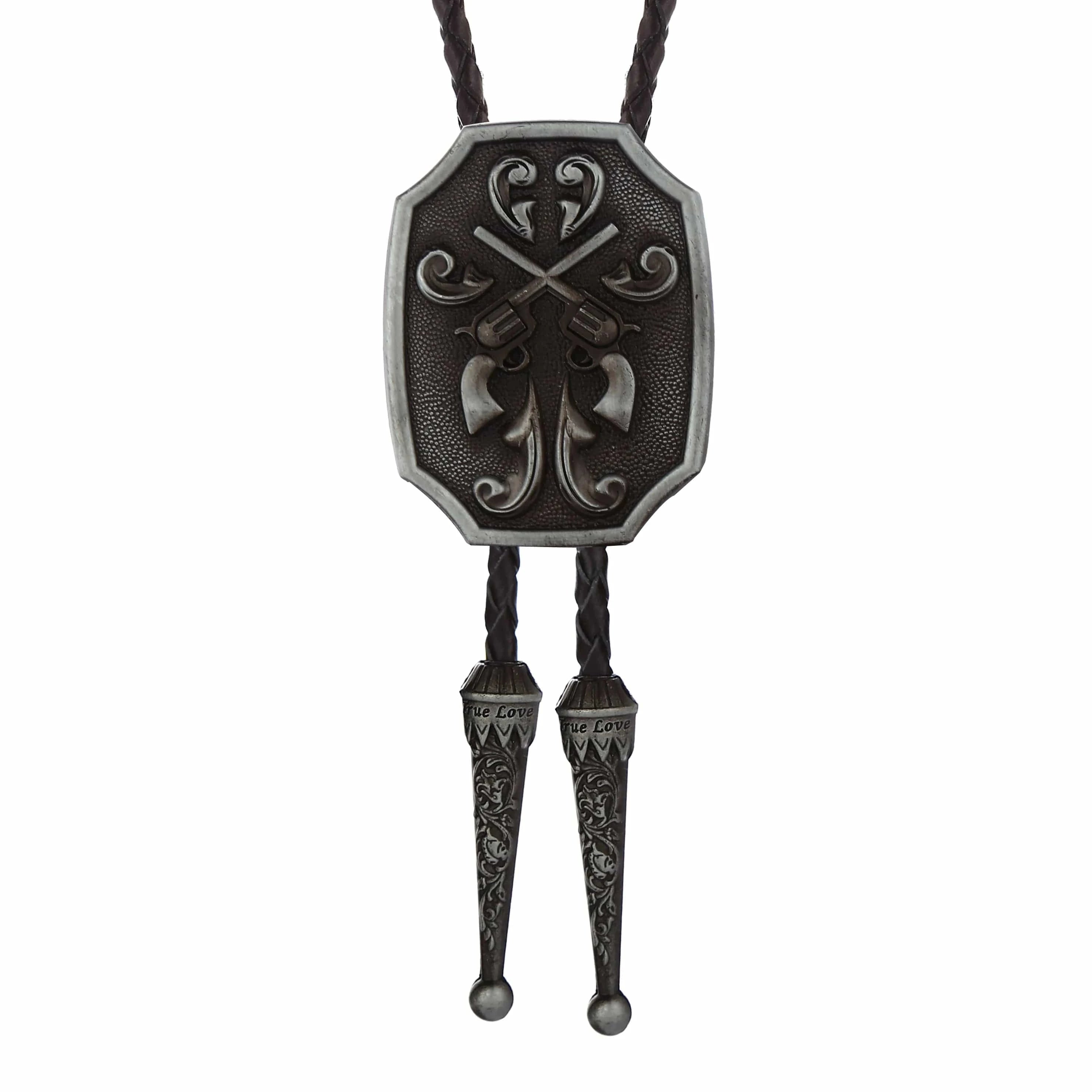 Bolo tie med korslagda revolvrar i metall Antiksilver