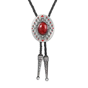 Bolo tie med oval sten och dekorativ antiksilverram Röd