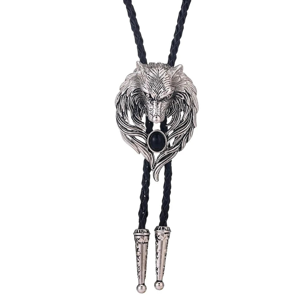 Bolo tie med silver varghuvud och svart agat
